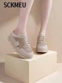 SCKMEU 1 双女式网眼拼布一脚蹬穆勒鞋，厚底，厚底，时尚百搭休闲鞋 - 卡其色 - 查看 5