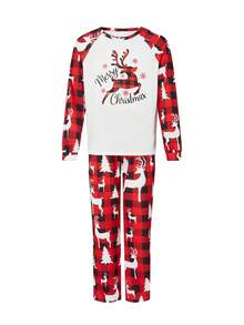 Christmas Family Pajamas Matching Set Elk Print Long Sleeve Tops And Red Plaid Pants Sleepwear - Đỏ - Xem 3