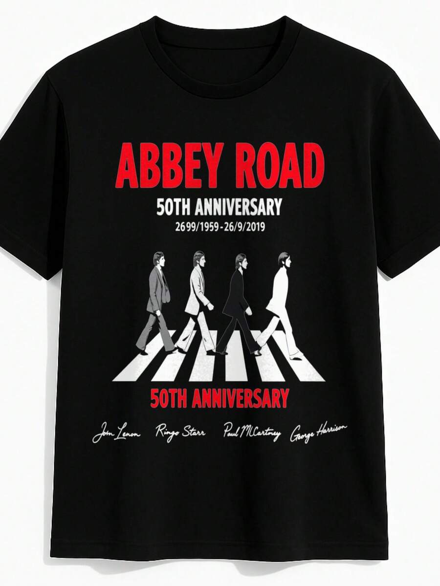 Abbey Road 50th Anniversary T-Shirt Black Beatles Crossing Zebra Print Casual Wear - 黑色 - 查看 1