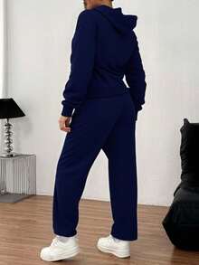 Conjunto  deportivo de pantalones rectos,  con sudadera de manga larga con capucha. - Azul Marino - Ver 2