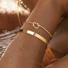 Set Of 2 Luxury Women's Bracelets: Plain Metal Bracelet + Heart-Shaped Knot Bracelet - 金色 - 查看 2