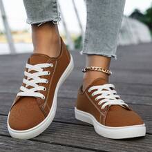 Elegant And Aesthetic New Summer Women's Shoes, Low-Top Lace-Up Sports White Shoes, Women's Fashionable Casual Sports Shoes, Women's Flat Shoes, Student Shoes, Light And Comfortable - Rỉ Nâu - Xem 4