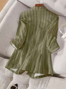 女式休闲条纹单扣七分袖西装外套，春夏 - 軍綠色 - 查看 2