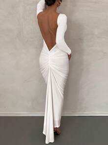 女士纯色露背褶皱修身长袖性感优雅派对假日度假春季情人节连衣裙 白色 - 白色 - 查看 2