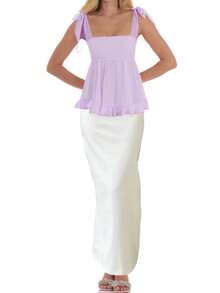 Womenacute;S Square Neck Tank Tops Backless Sleeveless Solid Color/Flower Print Ruffle Hem Tie Up Camisoles - Violet Purple - View 1