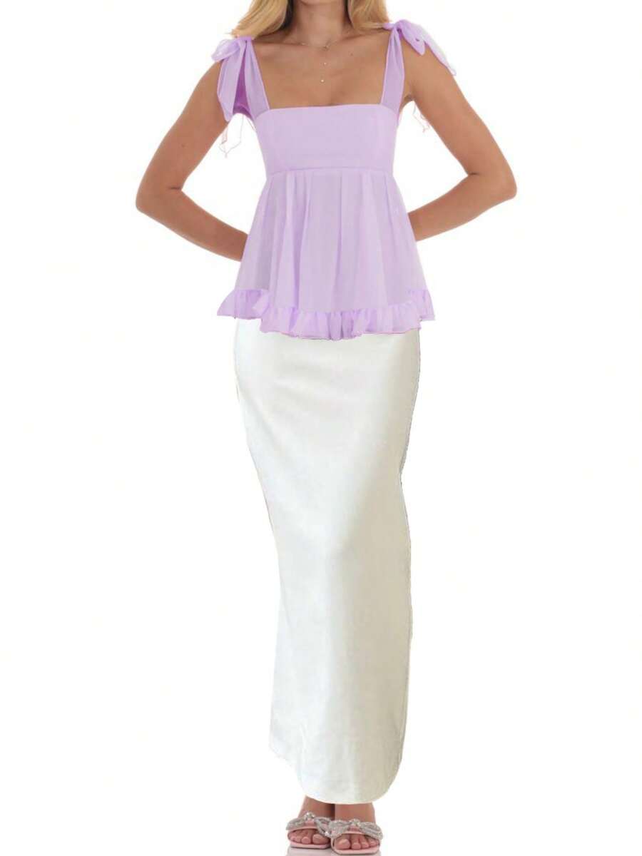 Womenacute;S Square Neck Tank Tops Backless Sleeveless Solid Color/Flower Print Ruffle Hem Tie Up Camisoles - Violet Purple - View 1