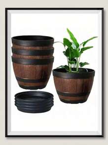 老式威士忌酒桶花盆带托盘套装 - 2个（一个底座+一个花盆），条纹塑料花盆带排水孔，适用于客厅、卧室、户外、花园、阳台、公寓、办公室和乡村旅馆。花盆、花篮，适合种植香草和多肉植物 - 圆形花园花盆，物美价廉，加厚耐用，防水