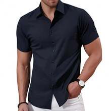 Men's Slim Fit Dress Shirt With Elastane – Short Sleeve And Wrinkle-Free - 黑色 - 查看 4