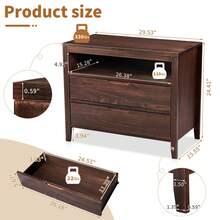 Drawer Cabinet, Side Table, Bedside Table, Storage Table, Brown P2 Density Board + Solid Wood Veneer Frame 75*40*61CM Two Drawers With Upper Compartment Bedside Table Mid-Century Modern - 棕色 - 查看 4