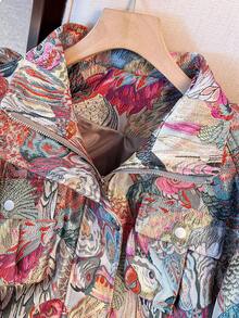 Embroidered Jacquard Motorcycle Jacket, Streetwear Vibe With Front Zipper Pockets - Red - View 5