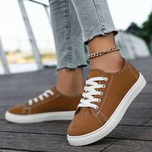 Elegant And Aesthetic New Summer Women's Shoes, Low-Top Lace-Up Sports White Shoes, Women's Fashionable Casual Sports Shoes, Women's Flat Shoes, Student Shoes, Light And Comfortable - Rỉ Nâu - Xem 3