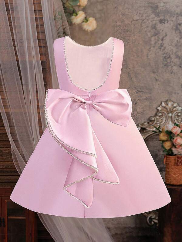 Vestido de festa de casamento com laço grande e costas nuas para meninas, vestido de baile de princesa para madrinhas, elegante vestido de formatura para meninas com pérolas artificiais