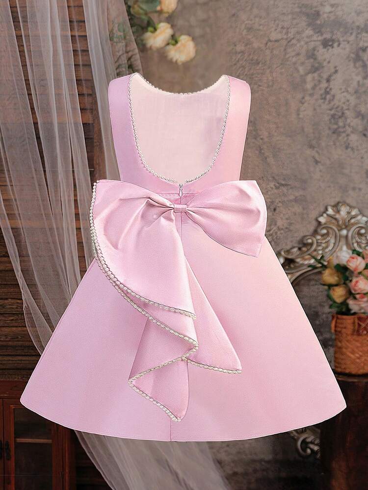 Vestido de Dama de Honra para Meninas Pré-Adolescentes com Laço Grande Sem Costas para Casamento, Festa, Vestido de Menina das Flores, Vestido de Baile Princesa da Moda para Dama de Honra, Vestido de Formatura Elegante, Cerimônia de Aniversário com Pérolas Falsas - Rosa chiclete - Visão 2