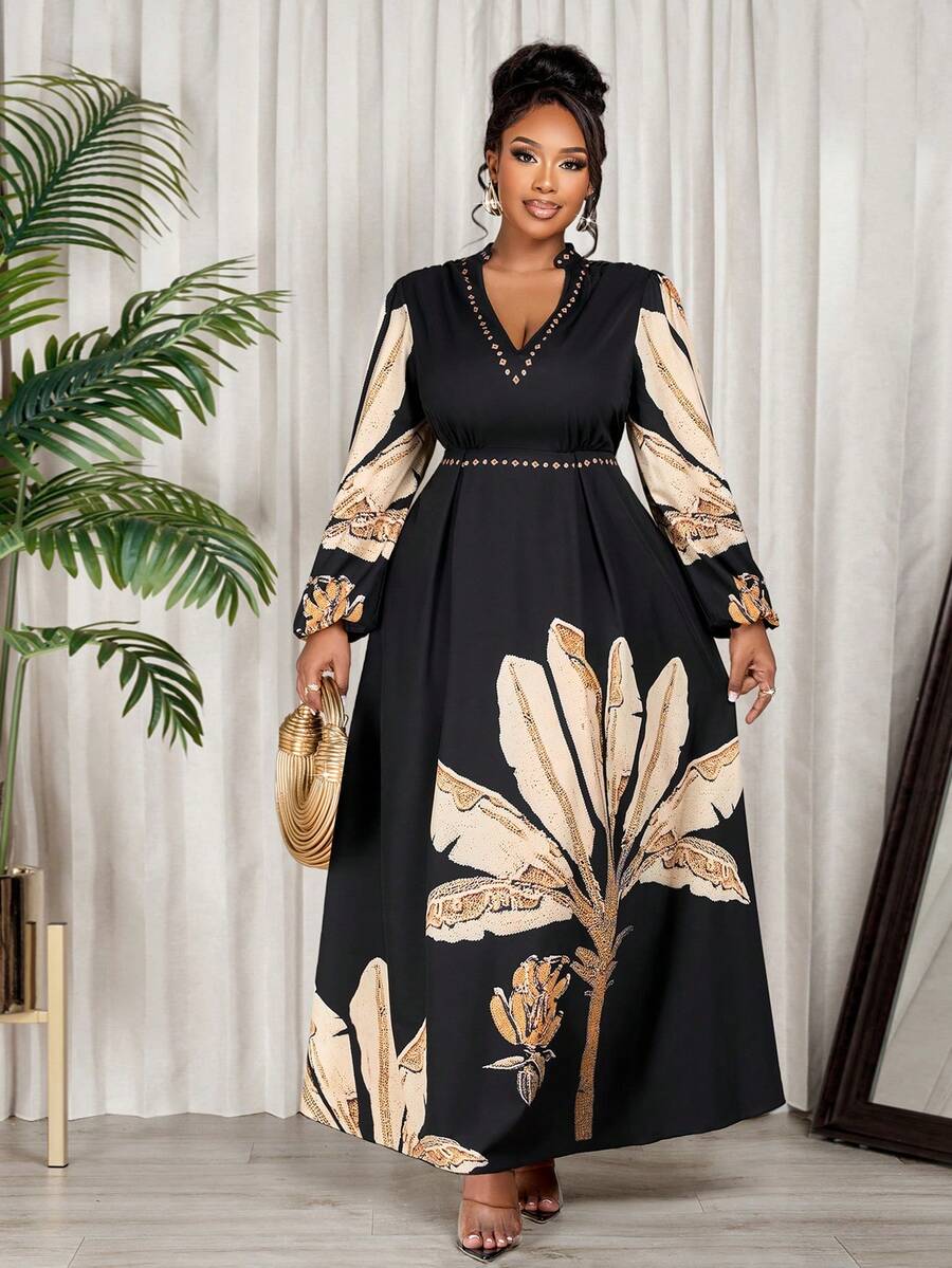 BIUBIU 大码女士优雅度假连衣裙，随机花卉图案，春季款 - 黑杏色 - 查看 1