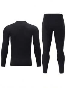 2 piezas Camiseta de manga larga de cuello redondo + Pantalones para hombre, capa base cálida y casual de felpa para otoño/invierno