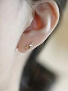 1 Pair Double Star Earrings - 18K Gold Plated Cubic Zirconia Studs, Elegant Proposal & Engagement Gift For Women, Luxury Everyday Jewelry - Vàng - Xem 4