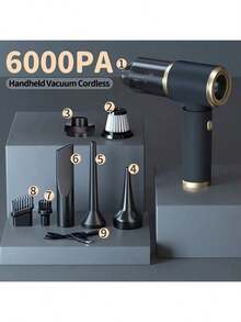 这款车载吸尘器礼盒套装包含一台6000PA吸尘器和7个配件。这款强大的无线吸尘器适用于汽车和家居，拥有强大的吸力和防护功能，电池强劲，吸力强劲。