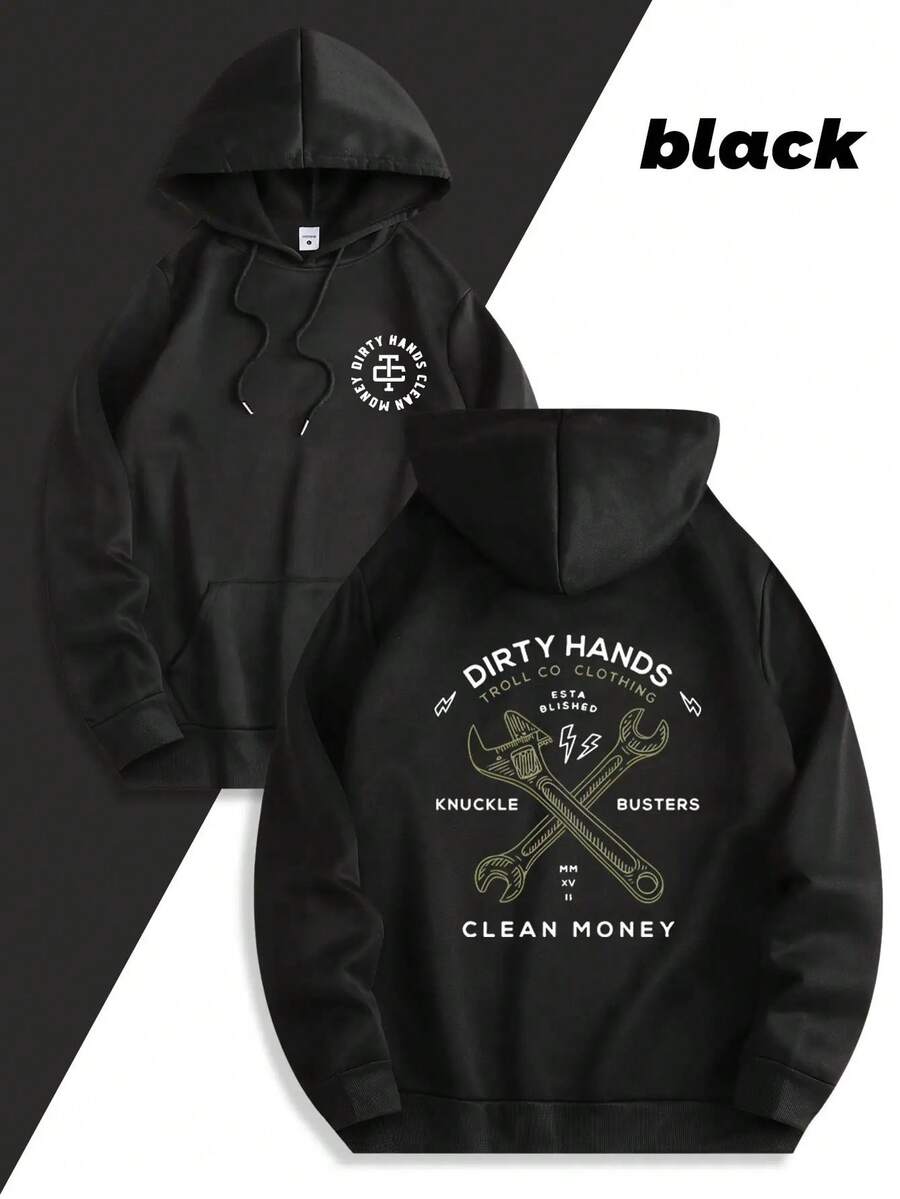 Sudadera con capucha gráfica negra - Sudadera unisex casual de otoño/invierno con impresión Manos sucias, dinero limpio, capucha ajustable con cordón, bolsillo canguro, regalo perfecto para hombres y mujeres, sudadera con capucha - Negro - Ver 1