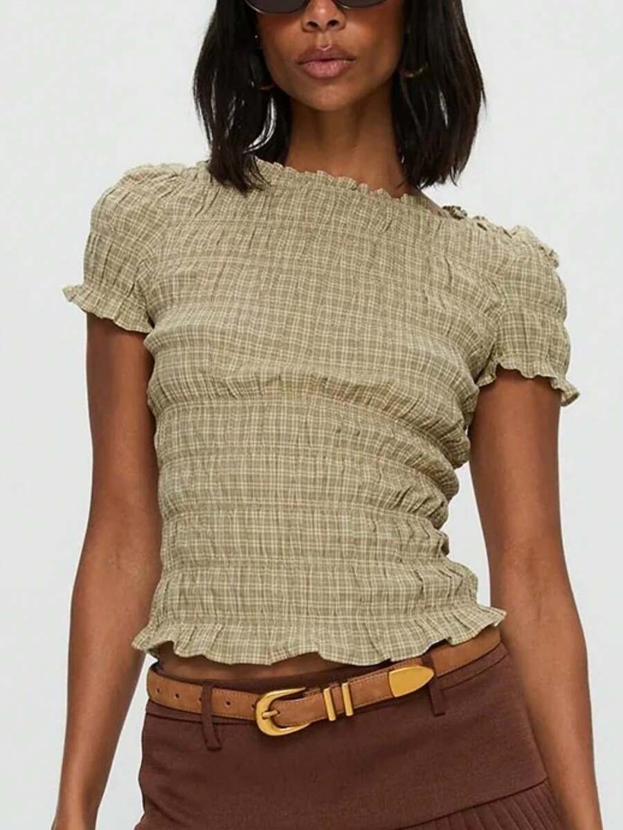 Women Y2k Smocked Crop Tops Slim Fit Solid Color/Plaid Frill Trim Ruched Ruffle Hem Short Sleeve Tops Round Neck Shirts Summer Going Out Tops Daily Casual Streetwear - Vàng nhạt - Xem 1