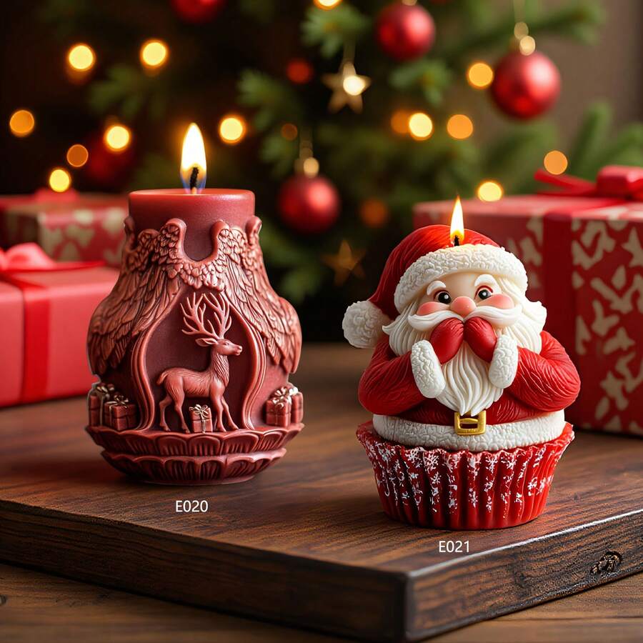 圣诞系列香薰蜡烛硅胶模具，DIY圣诞老人和驯鹿节日蜡烛礼物 - 白色 - 查看 1