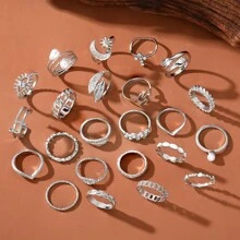 23件套奢华眼睛造型仿珍珠多元素戒指套装，饰以水钻，适合女性日常佩戴 - 銀色 - 查看 3