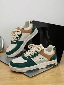 Men's Fashion Contrast Color Random Print Lace-Up Casual Flat Sneakers, Personalized Patchwork Outdoor Casual Sports Shoes, Couple Shoes, Suitable For Jeans Active Wear - Rice Green - View 5
