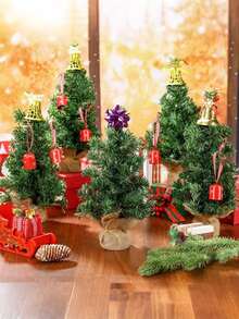 迷你圣诞树，人造迷你松树圣诞树，带雪景和圣诞装饰的手工艺品，配粗麻布袋底座，小型人造圣诞树，适合冬季桌面摆件、圣诞礼物、婚礼装饰、房间装饰、家居圣诞礼物、圣诞装饰 - 綠色 - 查看 3