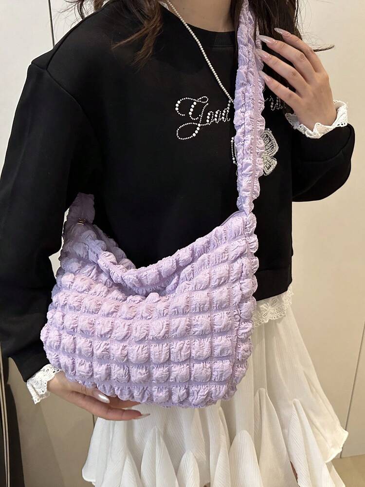 Soft Texture Large Capacity Women's Shoulder Bag, Casual Commuter Puff Cloud Pleated Bag, Korean Style - Purple - View 3