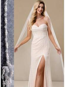 Pearl & Crystal Beaded Wedding Veil - 1 Tier Fingertip Bridal Veil With Elegant Beaded Edge, Soft Tulle - 118 inch - Trắng ngà - Xem 2