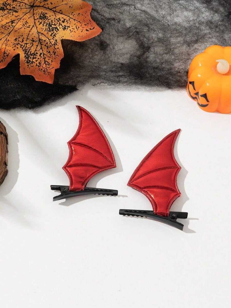 2pcs/Set Halloween Bat Wing Hair Clips, Elegant Street Style Polyester Hair Clips, Suitable For Halloween And Daily Wear, Claw Clips, Hair Claws, Hair Slide, Hair Barrettes - Red - View 1