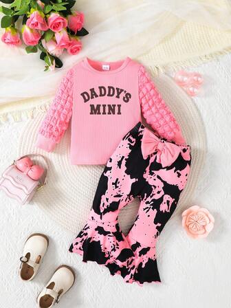 2pcs Set Leopard Print Letter Crew Neck Puff Sleeve Top And Unique Print Pants, Regular Fit Suitable For Spring/Autumn Outdoor Sports And Casual Daily Wear