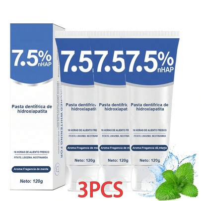 1/2/3 PCS Pasta de dientes blanqueadora con 7.5% de hidroxiapatita, con aceite esencial de menta, humectante, limpieza básica, aliento fresco, cuidado bucal fortalecedor