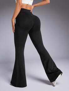 Pantalones de entrenamiento de talla grande para mujer con cintura alta, unicolor y volantes acuchillados - Negro - Ver 5