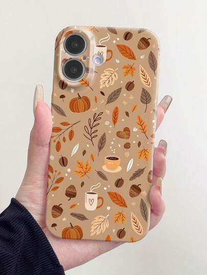 قطعة واحدة من غطاء حماية قشرة صلبة من البولي كربونات مع طبعة أوراق الخريف والقهوة، متوافق مع هواتف آيفون 11، 12، XR، 13، 13 برو، 13 برو ماكس، 14، 14 برو، 14 برو ماكس، 15، 15 برو، 15 بلس، 15 برو ماكس، 16، 16 برو، 16 بلس، 16 برو ماكس، 16e