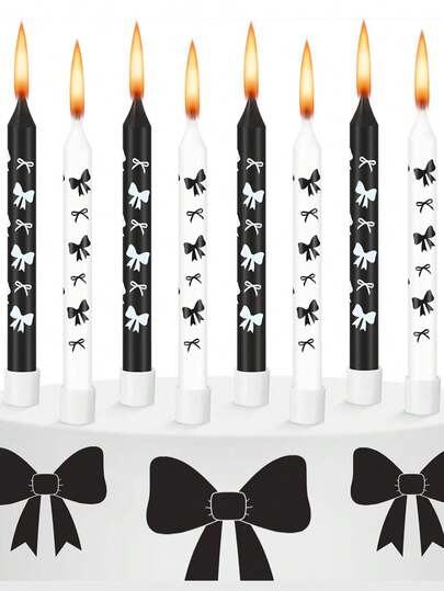 12pcs Black & White Straight Bow Tie Print Cake Decorative Candles For Birthday, Anniversary, Wedding, Party