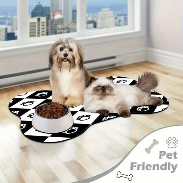 1pc Pet Feeding Mat, Black & White Paw Print Design, Reusable Pet Bowl Placemat, Dog/Cat Feeding Pad, Quick Dry & Easy Clean, Pet Supplies