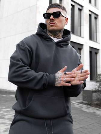 Sudadera con capucha casual de ajuste holgado y unicolor para hombre, estilo versátil de calle, otoño