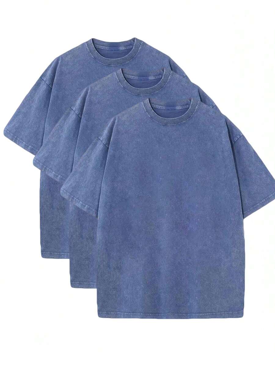 3 Pack Men's Vintage Washed Oversized Cotton T Shirts Loose Fit Short Sleeve Casual Streetwear Unisex Tops - 3 chiếc màu xanh - Xem 1