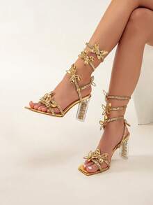Women's Crystal High Heel Sandals, Rhinestone And Butterfly Decor Wrap Design, Open Toe, Shiny Ladies Crystal High Heels, Suitable For Weddings, Parties And Other Occasions - Gold - View 2