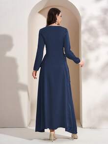 Gaun Maxi Arab Lengan Panjang Elegan dengan Leher Berlekuk dan Tali Pengikat untuk Wanita (Panel Depan Berhiaskan Pita Manik-Manik, Acak, Mungkin Tidak Sampai ke Bagian Atas) - Royal Blue - View 3