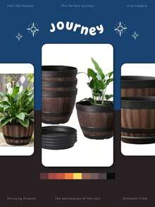 老式威士忌酒桶花盆带托盘套装 - 2个（一个底座+一个花盆），条纹塑料花盆带排水孔，适用于客厅、卧室、户外、花园、阳台、公寓、办公室和乡村旅馆。花盆、花篮，适合种植香草和多肉植物 - 圆形花园花盆，物美价廉，加厚耐用，防水