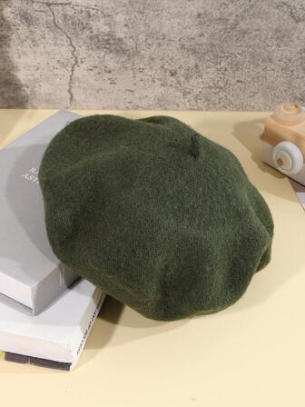 1pc Women's Solid Color Wool Beret Hat, Artistic Japanese Style, Suitable For Outings And Sketching, Autumn/Winter