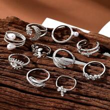 23件套奢华眼睛造型仿珍珠多元素戒指套装，饰以水钻，适合女性日常佩戴 - 銀色 - 查看 4