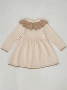 Autumn New Baby Girl Knitted Long Sleeve Dress, Elegant Floral Ruffled Princess Sweater Dress - Apricot - View 2