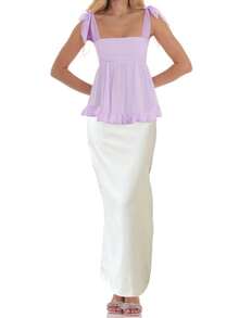 Womenacute;S Square Neck Tank Tops Backless Sleeveless Solid Color/Flower Print Ruffle Hem Tie Up Camisoles - Violet Purple - View 2