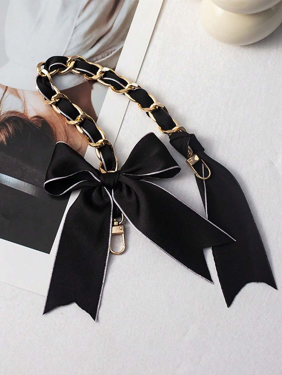 1pc Phone Lanyard With Bowknot, Metal Chain Scarf Braided Cord Phone Charm Accessory, Ribbon Electroplated Decor