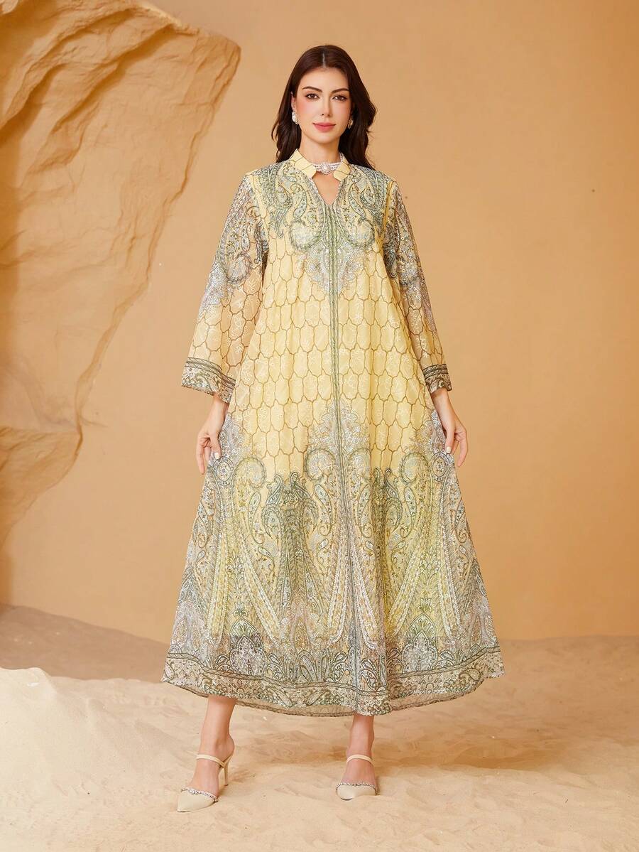 Đầm Jalabiya dài tay thêu họa tiết dành cho nữ, kiểu dáng thanh lịch cho lễ Eid.