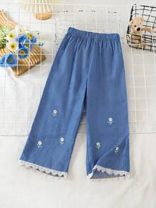 1pc Girls Casual Floral Pattern Ruffle Trim Denim Pants, Suitable For Spring/Autumn