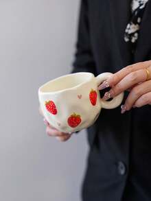 1pc Ins Style Hand-Painted Cherry & Strawberry Ceramic Cup, Asymmetrical Embossed Body, Breakfast Coffee Mug, Girly Desktop Water Cup, Party Afternoon Tea Cup, Red Tea Cup, Large Capacity Water Mug, Coffee Cup - Multicolor - View 18
