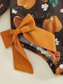 Newborn Girl Outfit, Long Sleeve Crew Neck Pumpkin Flowers Print Romper With Hairband Halloween Clothes - Black - View 9